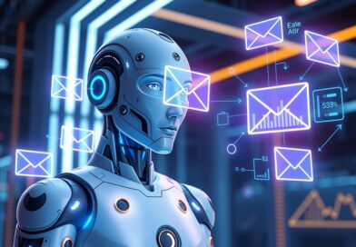 Pessoa analisando um fluxo de automação de e-mails em um laptop, com gráficos e ícones representando marketing digital.
