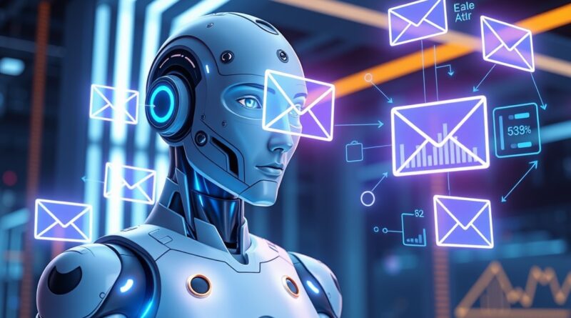 Pessoa analisando um fluxo de automação de e-mails em um laptop, com gráficos e ícones representando marketing digital.