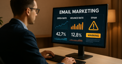 Profissional analisando métricas de campanha de e-mail marketing.