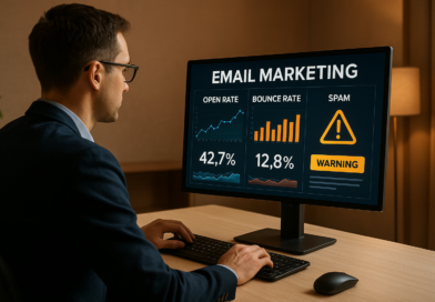 Profissional analisando métricas de campanha de e-mail marketing.