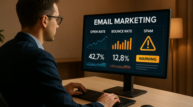 Profissional analisando métricas de campanha de e-mail marketing.