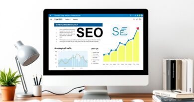Imagem ilustrativa mostrando otimização de SEO para iniciantes, com gráfico de crescimento e otimização de site.