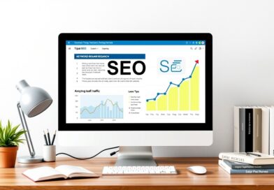 Imagem ilustrativa mostrando otimização de SEO para iniciantes, com gráfico de crescimento e otimização de site.