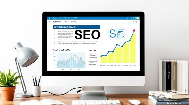 Imagem ilustrativa mostrando otimização de SEO para iniciantes, com gráfico de crescimento e otimização de site.
