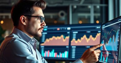 Profissional de marketing observando gráficos de resultados, com expressão de aprendizado e reflexão.