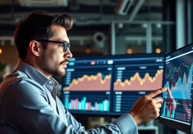 Profissional de marketing observando gráficos de resultados, com expressão de aprendizado e reflexão.