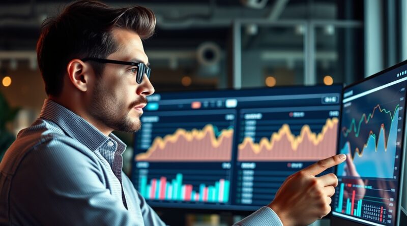 Profissional de marketing observando gráficos de resultados, com expressão de aprendizado e reflexão.