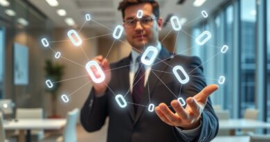 Empresário segurando um holograma de conexões digitais, simbolizando backlinks e SEO.