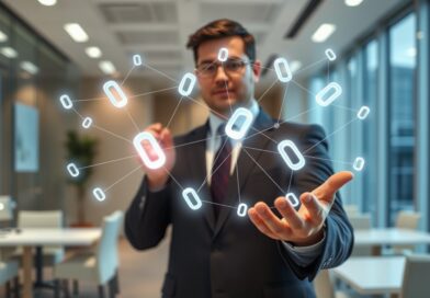 Empresário segurando um holograma de conexões digitais, simbolizando backlinks e SEO.