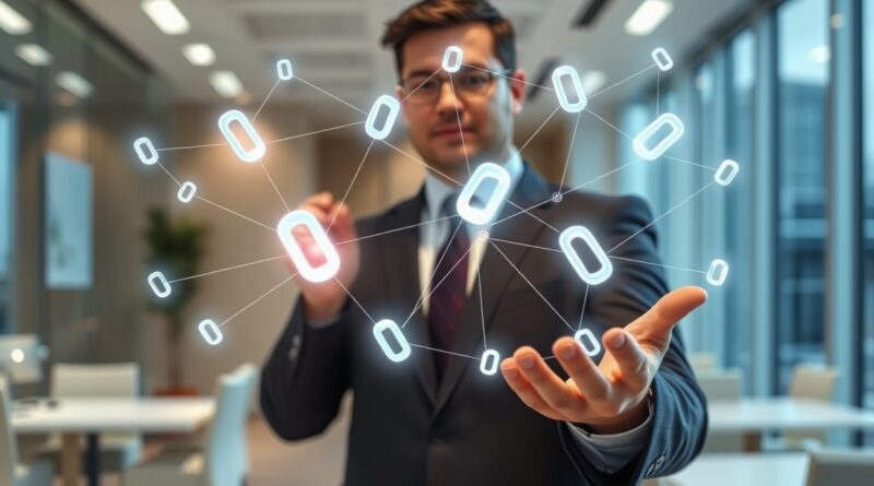 Empresário segurando um holograma de conexões digitais, simbolizando backlinks e SEO.