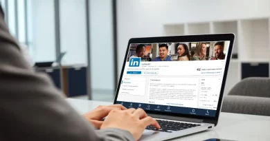 Imagem mostrando uma tela de computador com a interface de criação de uma página empresarial no LinkedIn, com uma pessoa interagindo com a plataforma.