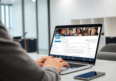 Imagem mostrando uma tela de computador com a interface de criação de uma página empresarial no LinkedIn, com uma pessoa interagindo com a plataforma.