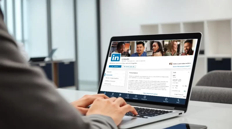 Imagem mostrando uma tela de computador com a interface de criação de uma página empresarial no LinkedIn, com uma pessoa interagindo com a plataforma.