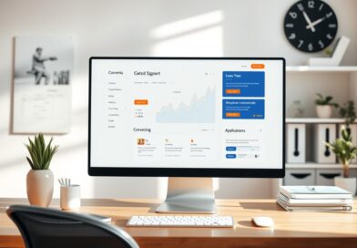 Ambiente digital estratégico com elementos de um site profissional