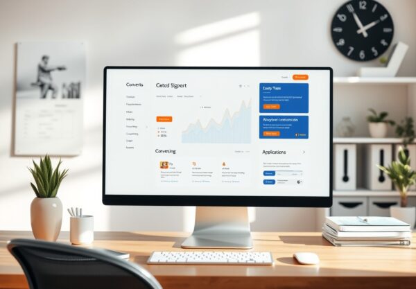 Ambiente digital estratégico com elementos de um site profissional