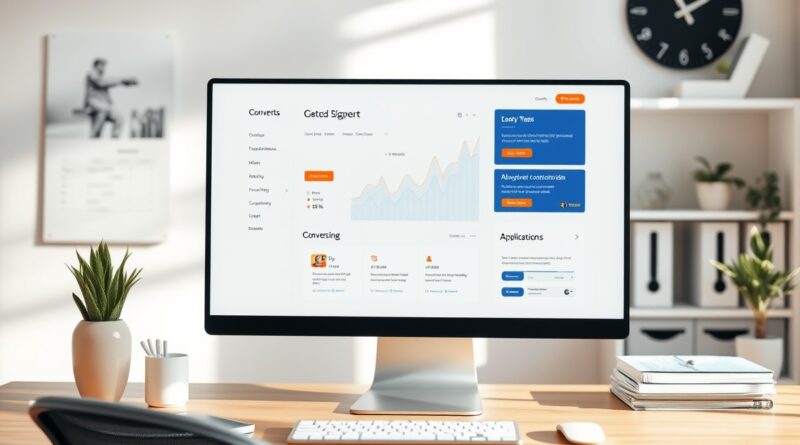Ambiente digital estratégico com elementos de um site profissional