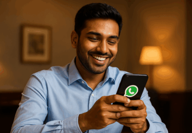 Empresário utilizando WhatsApp Business para gerenciar leads e automatizar atendimento.