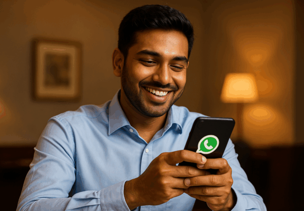 Empresário utilizando WhatsApp Business para gerenciar leads e automatizar atendimento.