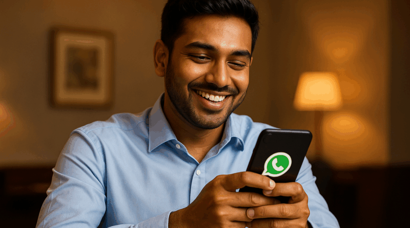 Empresário utilizando WhatsApp Business para gerenciar leads e automatizar atendimento.